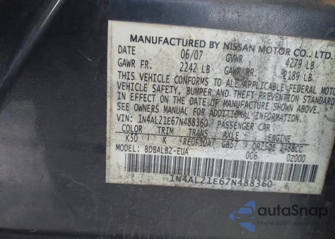 2007 Nissan Altima 2.5 S z USA, uszkodzony, nr VIN 1N4AL21E67N488360